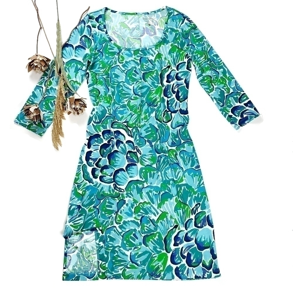 New Lilly Pulitzer 100% Pima Cotton Blue Green White Floral Dress Sz M - Picture 7 of 16